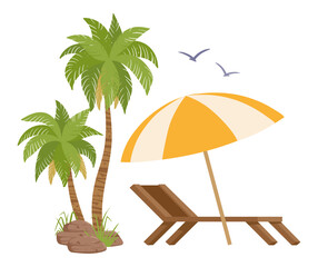 Obraz premium Summer beach scene. Cartoon palm trees, striped sun umbrella and wooden lounge chair on sandy ground flat vector illustration. Tropical resort vacation design