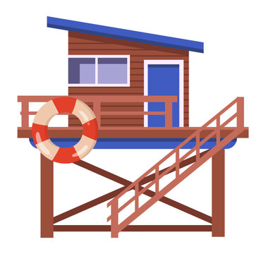 Lifeguard beach station. Wooden seaside lifeguard cabin with rescue ring flat vector illustration. Beach safety and coastal rescue design
