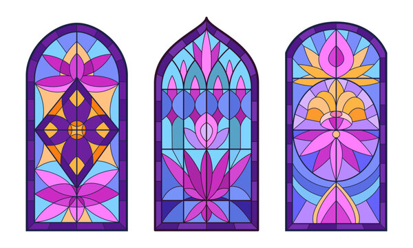 Stained glass windows. Colorful arched panels with floral geometric patterns flat vector illustration set. Church window decoration