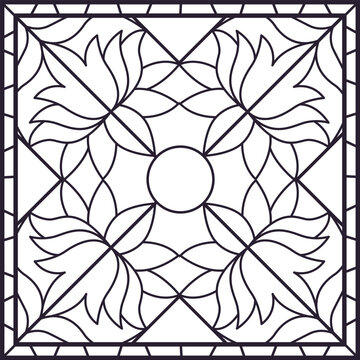 Stained glass floral panel. Black outlined window design with lotus flowers and geometric border flat vector illustration. Decorative architectural art