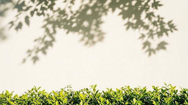 Green hedge leaves against a white wall with soft tree shadows cast from above sunlight with surface overhead sunlight leaf shadows projected