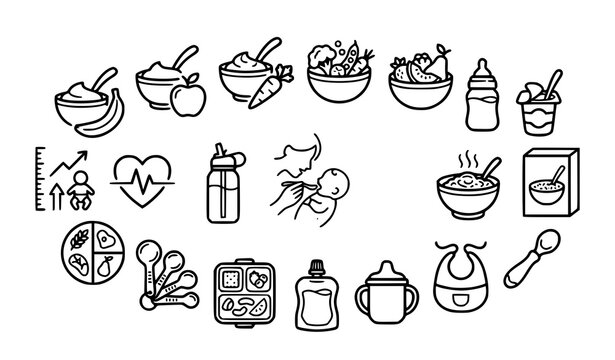 Baby Nutrition Healthy Food and Infant Feeding Line Icons for Child Care Design