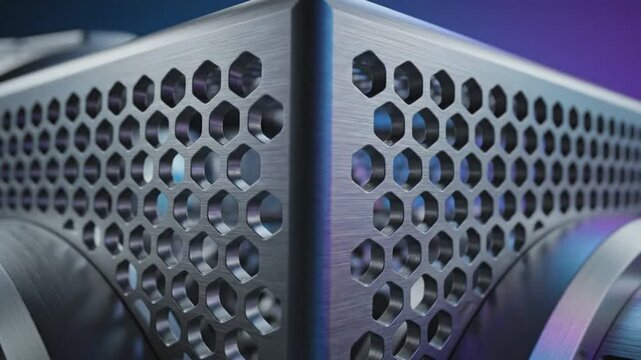 Close-up of a metallic honeycomb pattern with sharp edges against a gradient background.