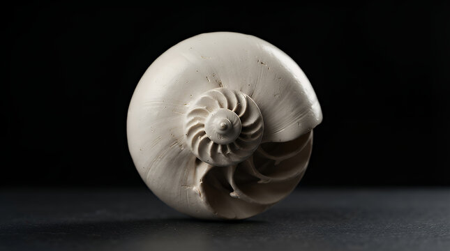 Nautilus shell revealing a perfect natural logarithmic golden spiral rests gracefully on a dark textured surface illuminated with dramatic side lighting and copy space.