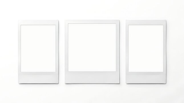 Three blank instant film frames arranged in a row against a plain white studio background with white borders positioned against clean uniform