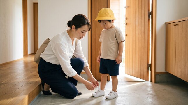 出勤前の朝に子どもの靴を履かせる母親 共働き家庭の登園準備