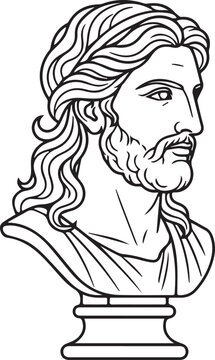 Greek god Poseidon or classical mythology Zeus bust with long flowing hair line art vector illustration isolated