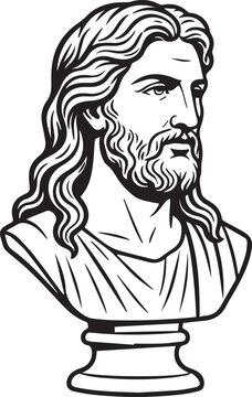 Greek god Zeus or classical mythology figure bust with full beard line art vector illustration isolated