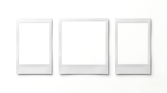 Three blank instant film frames arranged in a row against a plain white background surface with frames positioned horizontal background soft shadows