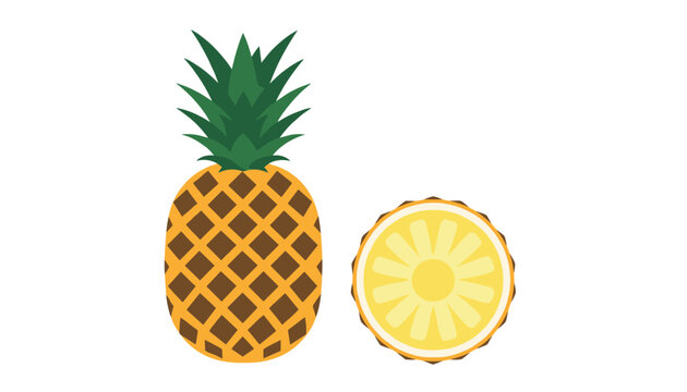 Fresh whole tropical pineapple fruit next to a round yellow pineapple slice isolated on a solid white background.