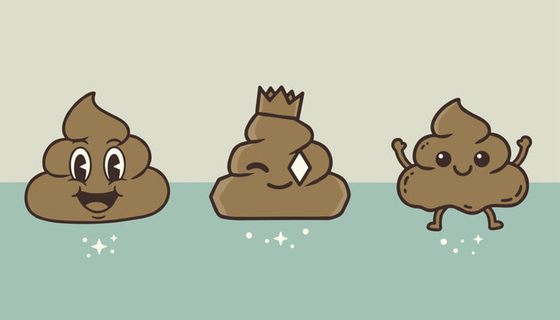 Three whimsical cartoon poop emojis with unique expressions, including a crowned queen and a cheerful walking character.