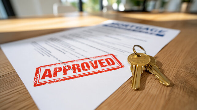 White mortgage loan application paperwork with a large red approved stamp and brass house keys positioned beside it, bright modern office setting, warm wooden desk surface, clean uncluttered backgro