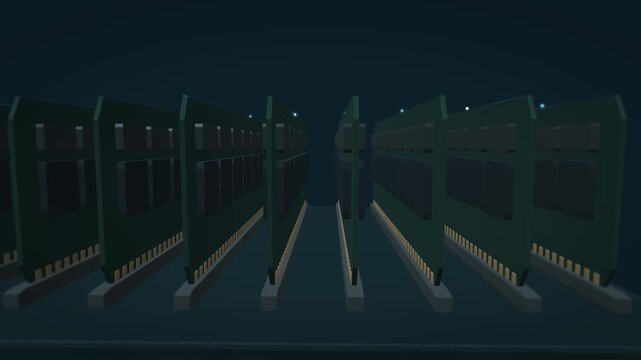 A low camera travels between tall memory modules before rising above their rows, revealing metallic contacts and sequential blue activity indicators in a fifteen second animation.