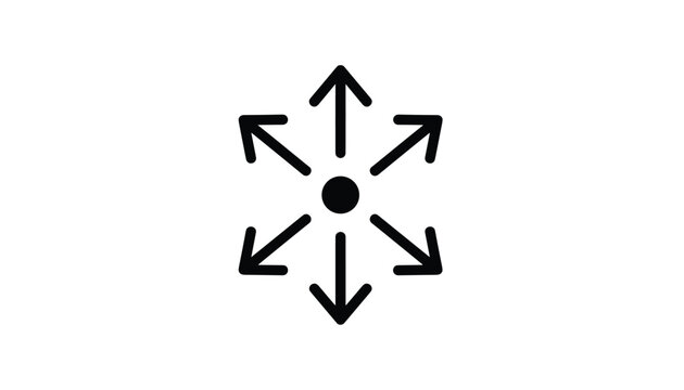 Clean minimalist line icon depicting a central black point with six arrows pointing outwards in all directions.
