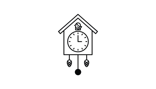 Delicate line art illustration of a traditional cuckoo clock with a pendulum and small bird on a white background.