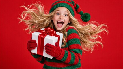 Naklejka premium Excited girl in elf costume holding Christmas gift on red background