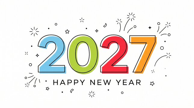 A colorful Happy New Year 2027 greeting card design with stylized numbers and festive hand-drawn firework doodles on a clean white background