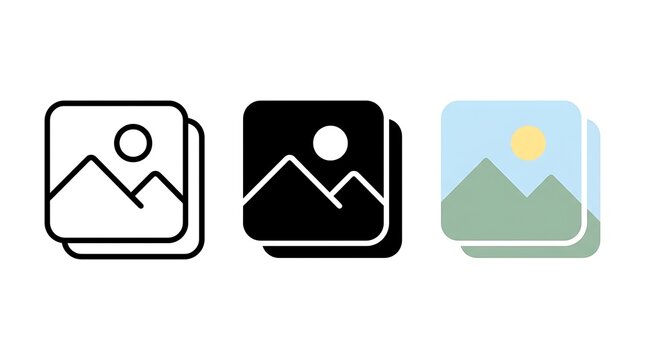 Three variations of a mountain landscape gallery icon set displayed on a white background with colorful designs arranged horizontally white surface