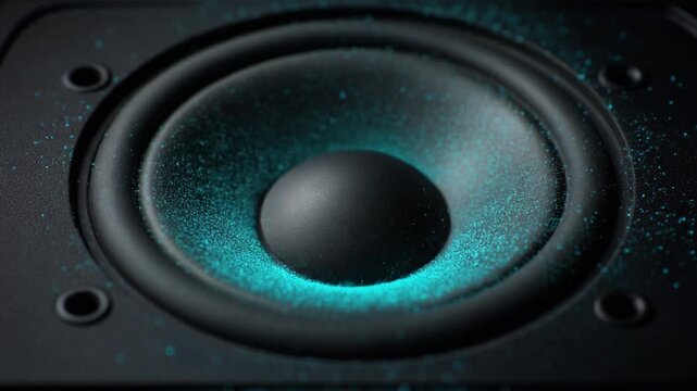 Close up of a speaker diaphragm vibrating with glowing blue particles dancing in the sound waves, abstract audio visualization