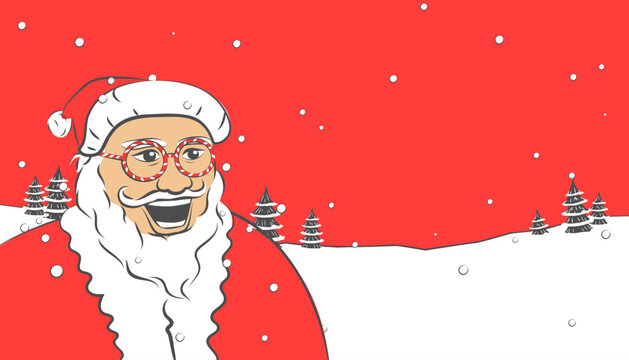 Merry Christmas greeting card. Santa Claus cartoon character with a snowy hill and pine trees on a winter background.