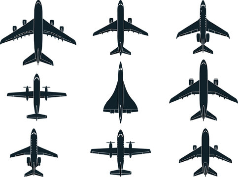 Airplane Silhouette Vector Set with Commercial Airliners Jet Planes and Propeller Aircraft Icons for Aviation Apps Travel Websites and Flight Logistics Graphic Designs
