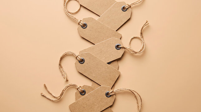 Blank brown cardboard paper tags with strings attached on a matching light beige background