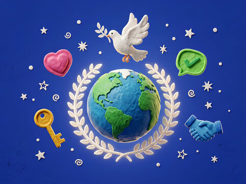 Planet earth global unity world peace 3D clay style concept with flying white dove bird laurel wreath handshake agreement and key solution