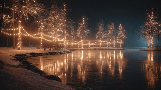 opulent holiday light show near a frozen lake,