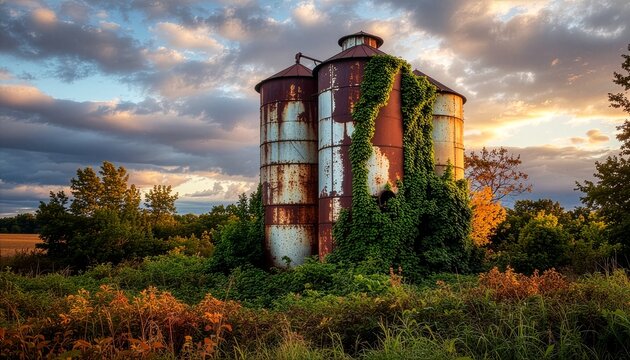 Old abandoned rusty silo covered with climbing green plants in countryside