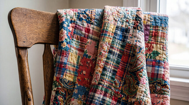 Handmade patchwork quilt featuring a variety of colorful patterns like plaid, floral, and paisley, providing a cozy and warm textile element for home decor