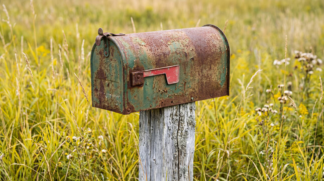 Rusted metal mailbox standing on a weathered wooden post, symbolizing forgotten messages, rural communication, and aging infrastructure against a backdrop of green and yellow tall grass