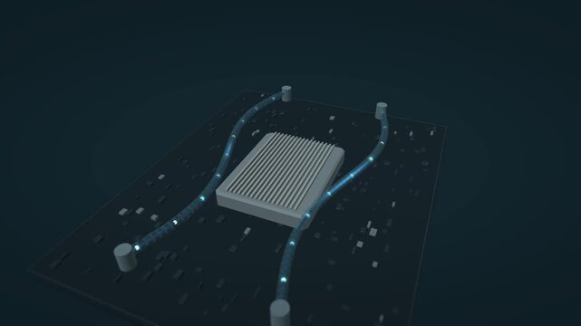 Blue coolant packets travel through transparent curved channels around a brushed metal processor cooling block while the camera follows a gentle arc in a fifteen second animation.