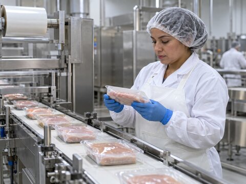Food Quality Worker Inspecting Sealed Chicken Trays on Production Line