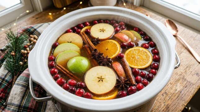 Slow cooker filled with hot mulled cider, fresh apple slices, orange rounds, cranberries, and spices