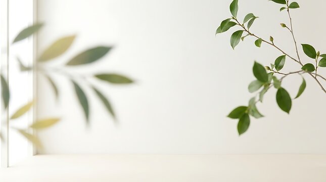 Green leafy branches frame a plain white wall with a soft natural light background setting with positioned sides minimalist lighting clean foreground