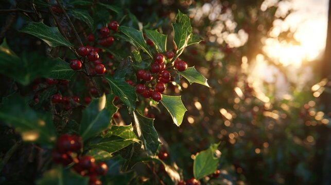 opulent holly and ivy decorations during sunset,
