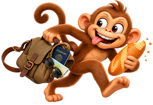 Mischievous monkey stealing a tourist backpack and baguette, running with a playful grin, isolated on transparent background in a polished 3D cartoon style.