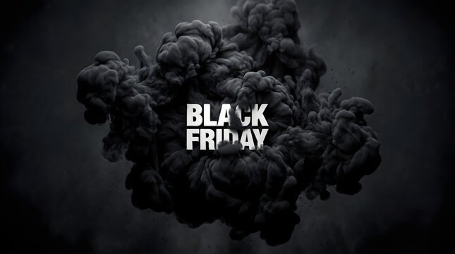 Abstract black friday promotional background with dark smoke explosion and bold white text design