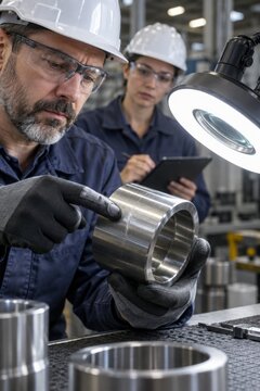 Quality Inspectors Examining Surface Crack on Machined Metal Ring