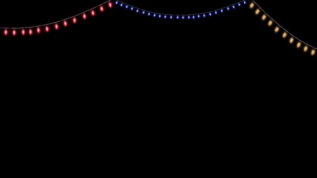 colorful christmas string lights blub seamless loop blinking animation with alpha channel transparent black background 4k, decoration party element animation isolated on black.  light bulb string 