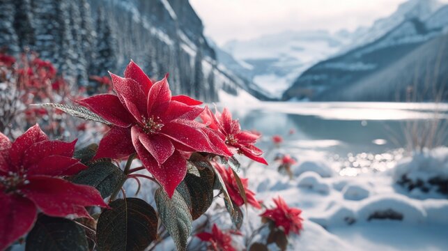 opulent poinsettia flowers near a frozen lake,