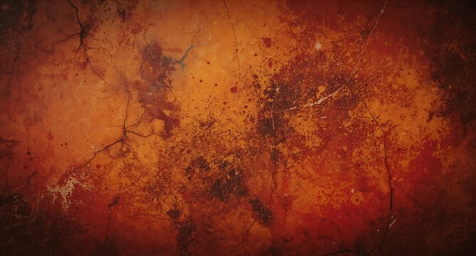 Dark grunge concrete wall texture with deep red and orange splatters and weathered cracks