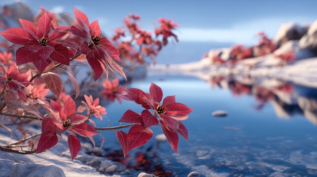 opulent poinsettia flowers near a frozen lake,