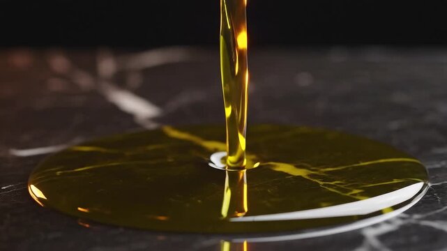 Extra virgin olive oil pouring onto dark marble in macro, translucent green-gold color with warm sidelight, Mediterranean premium food concept.