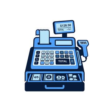 Blue cash register machine with open money drawer for retail transaction processing