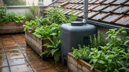 Obraz premium Rain barrel collecting water next to green vegetable garden beds on a rooftop patio during a rainy day. terrace rainwater tanks