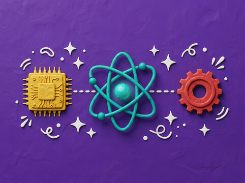 Quantum computing and advanced technology concept featuring clay microchip, atom symbol, and gear mechanism on purple background illustration