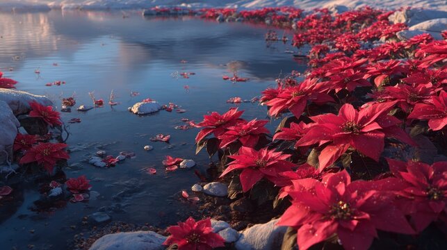 opulent poinsettia flowers near a frozen lake,