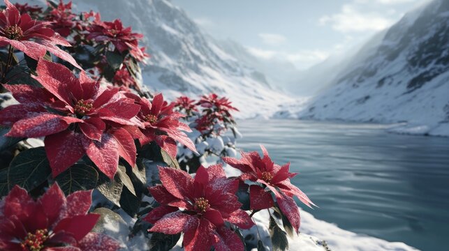 opulent poinsettia flowers near a frozen lake,