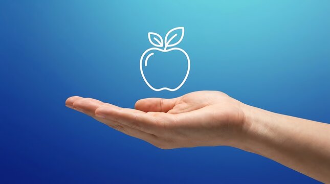 A human hand holding a white line drawing of an apple against a blue background with illustration apple floating floating above palm
